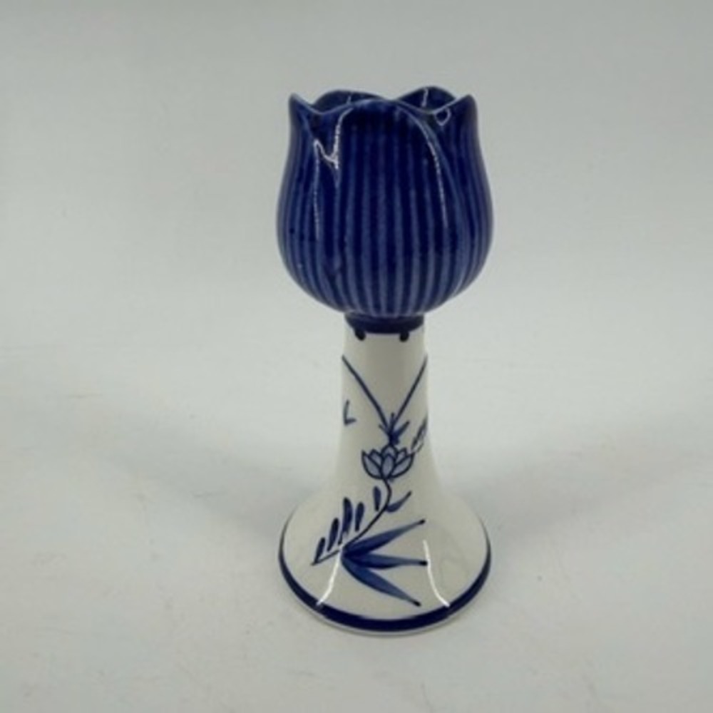 Delft Blue Handpainted Ceramic Tulip Candlestick Holder Blue White Floral 6.25in